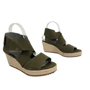 Eileen Fisher Leather Espadrille Wedge Sandals Womens Size 8.5 Olive Comfort